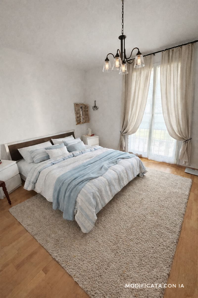Bedroom with a bed, nightstands, rug, chandelier, curtains, and a view of the outside