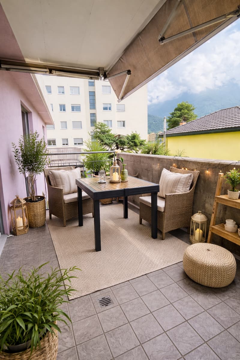 Balcony with table, chairs, rug, and plants