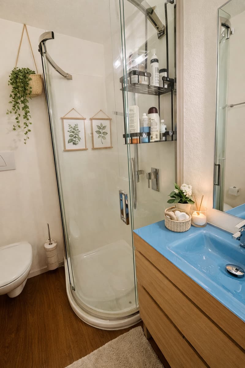 glass shower, wooden floor, white toilet, blue sink, wooden cabinet, mirror, plant