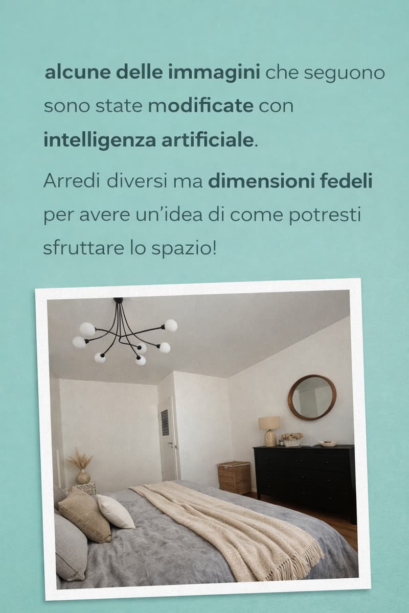 Bedroom with bed, pillows, blanket, lamp, mirror, cabinet, basket, vase, chandelier