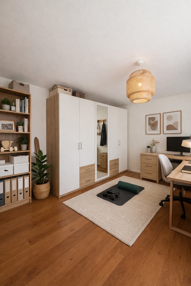 A room with wooden floor, white walls, a desk, a chair, a cabinet, a shelf, a rug, a lamp, a mirror, a potted plant, a yoga mat, and dumbbells.