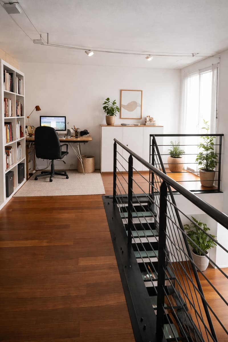 wooden floor, white walls, desk, chair, monitor, lamp, cabinet, stairs, railing, plants