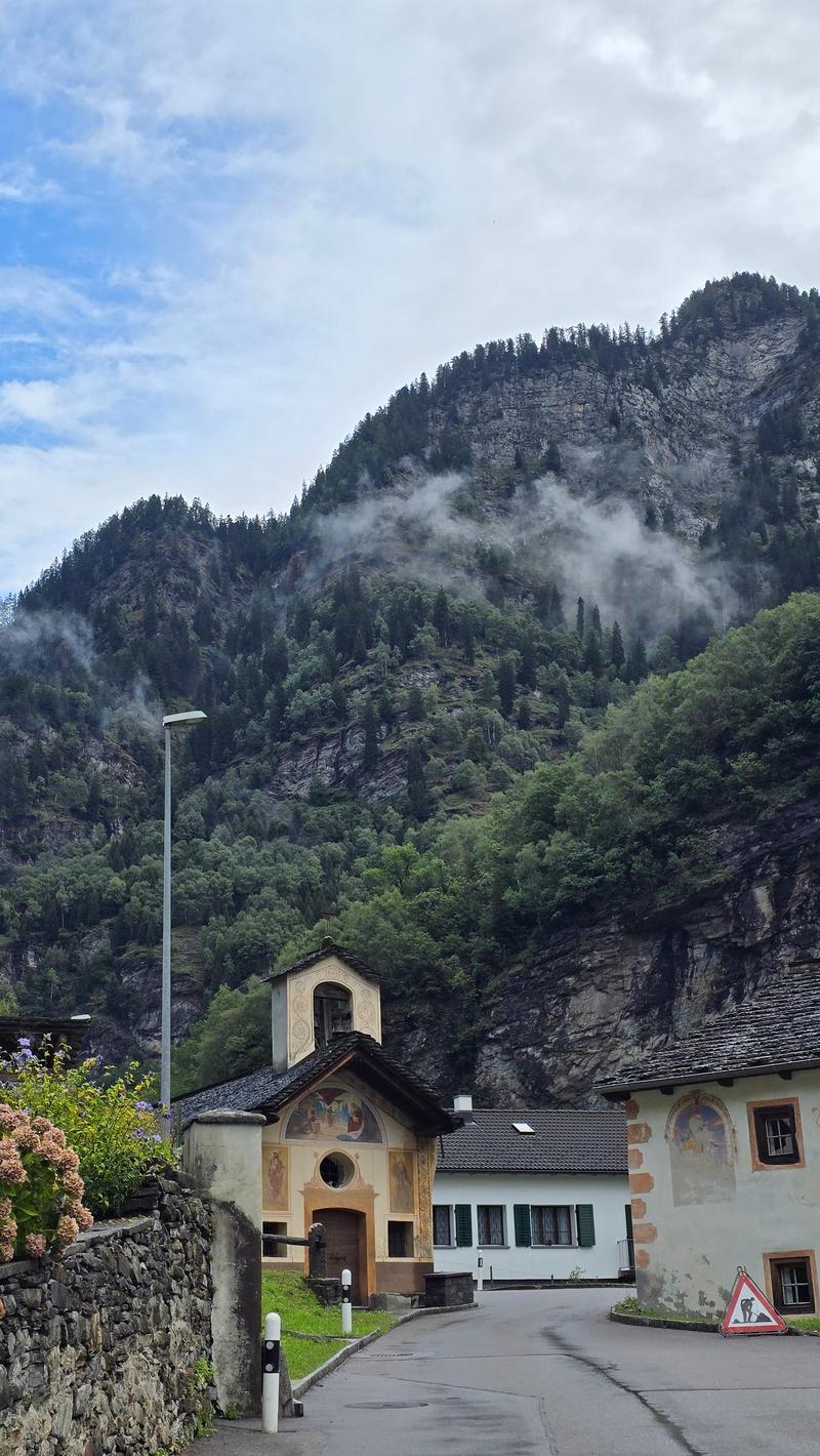Mountain village, building, stone wall, path, trees, flowers, mountain, sky