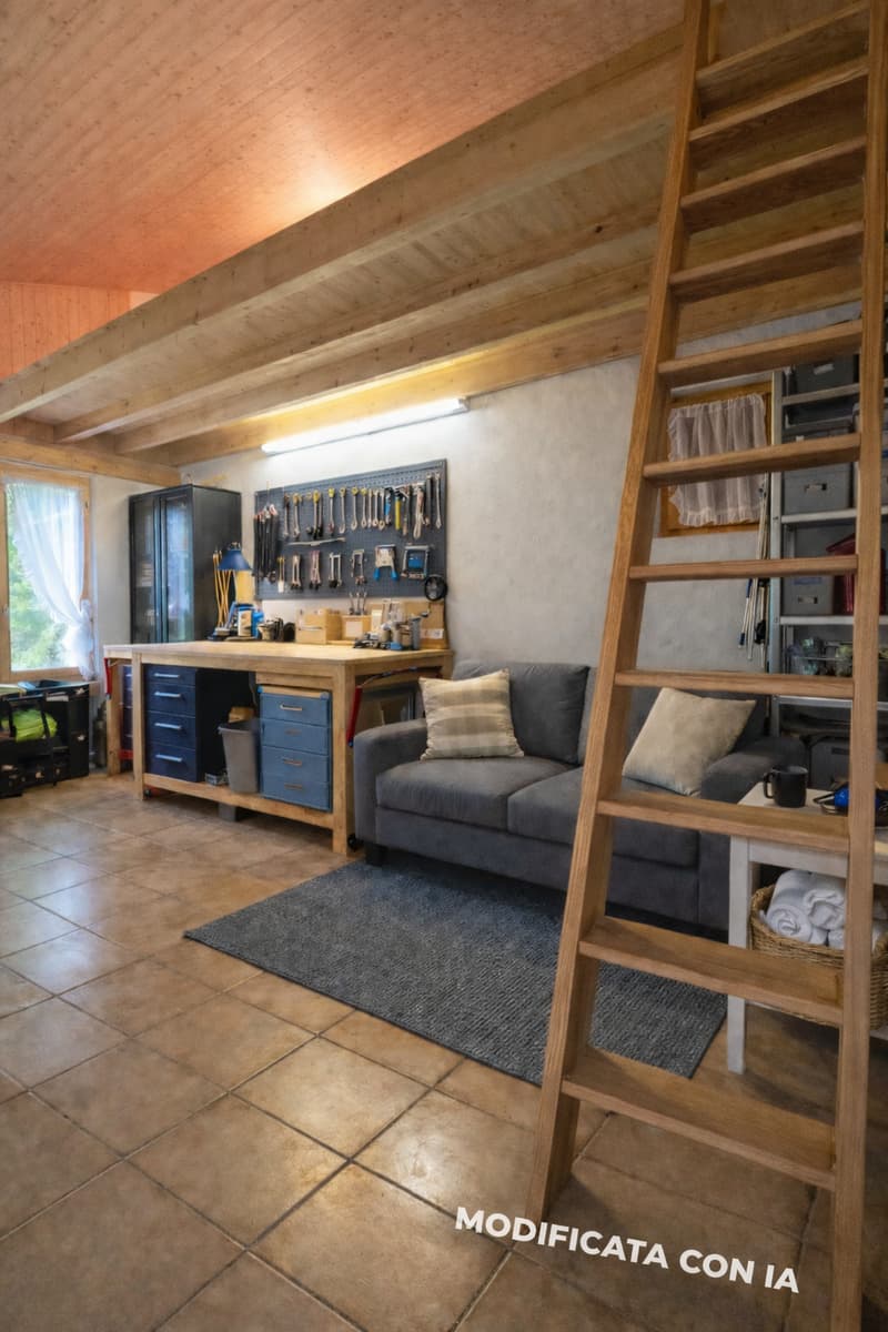 wooden ceiling, wooden ladder, workbench, couch, rug, basket, tiled floor
