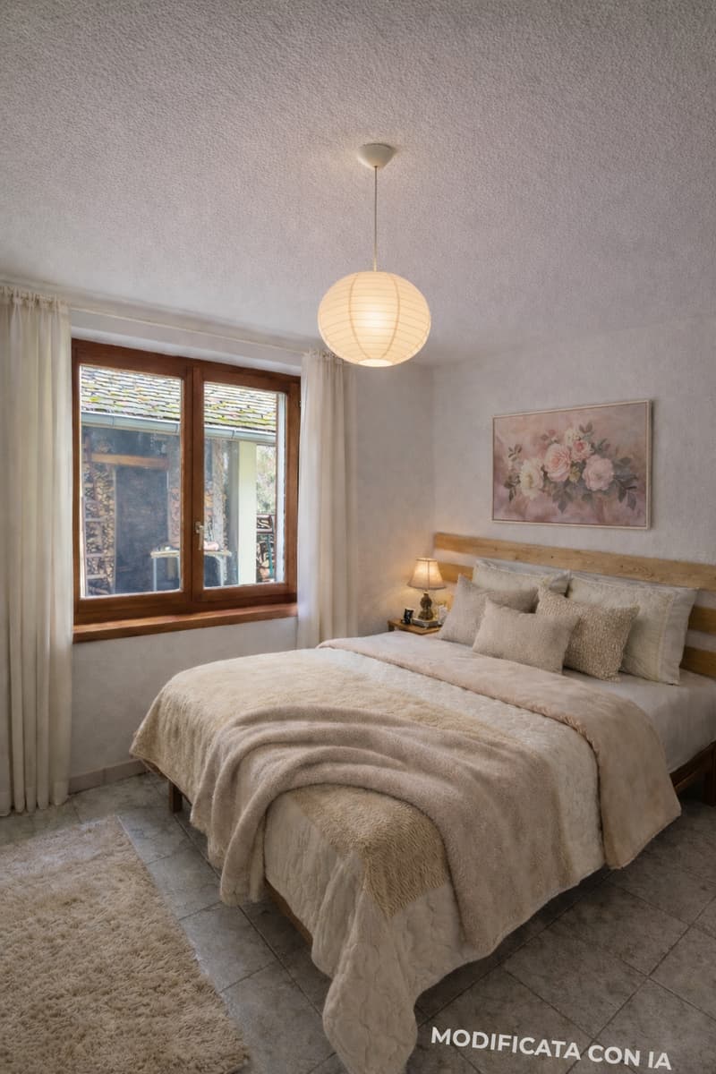 bedroom with bed, lamp, rug, window, curtains, picture frame