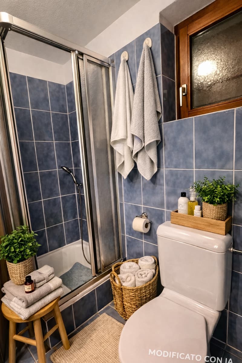 Bathroom with blue tiles, shower, toilet, towels, and a small plant.