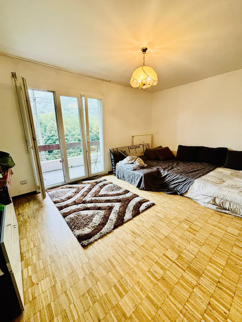 wooden floor, large sliding doors, balcony, carpet, sofa, bed