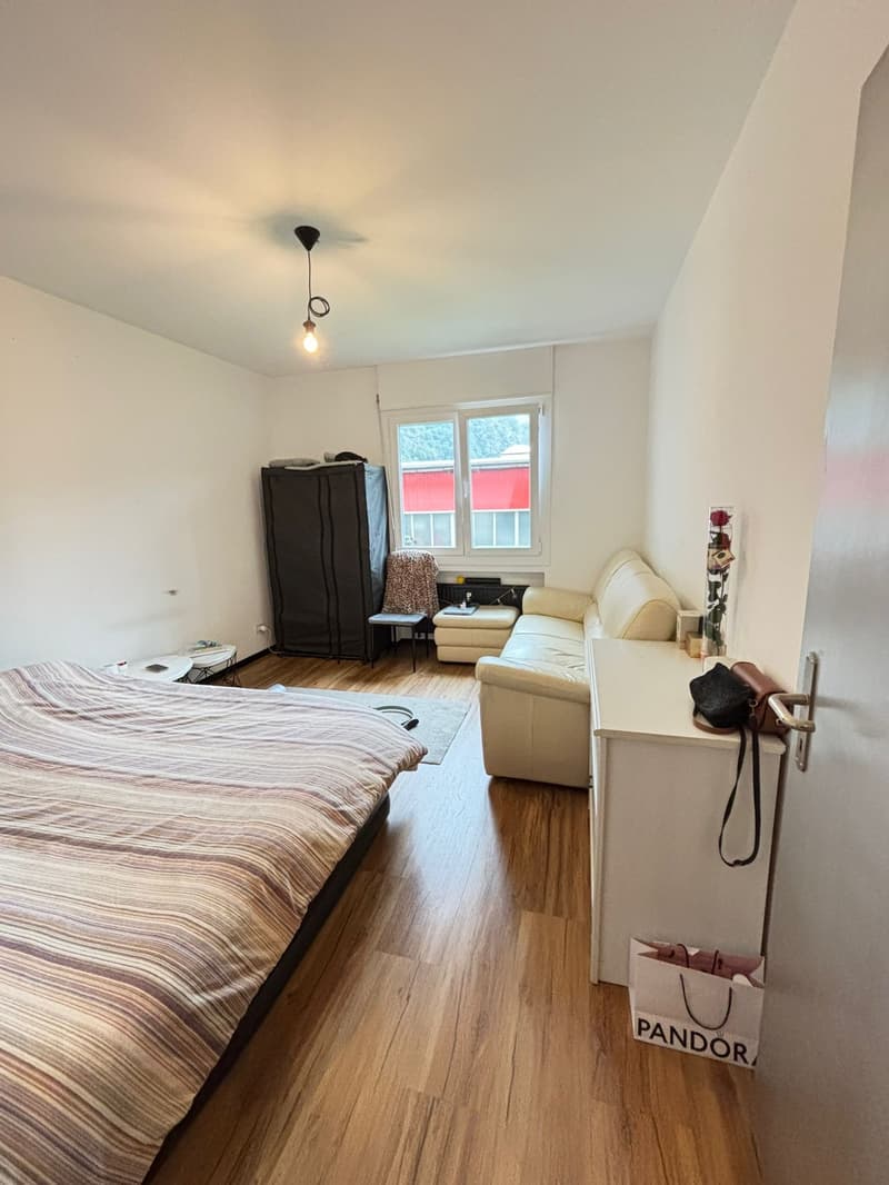 Bedroom with bed, chair, couch, cabinet, rug, table