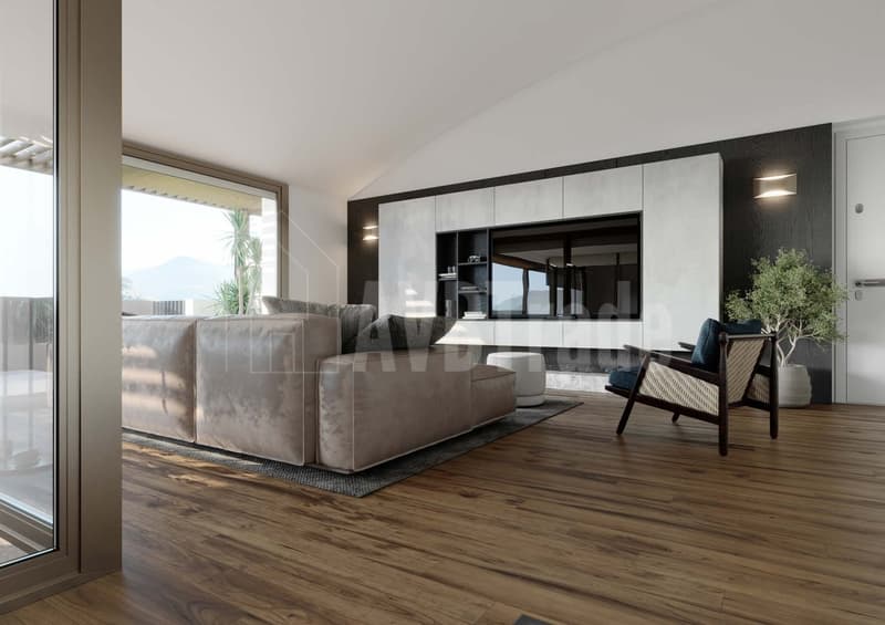 Spacious living room with large windows, hardwood flooring, gray sofa, built-in TV cabinet, and a potted plant
