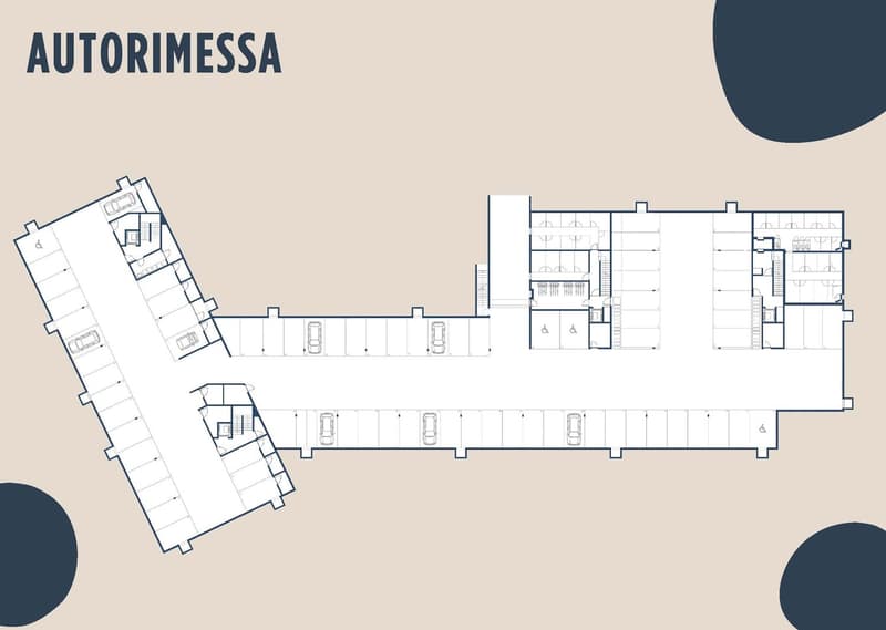 The image shows the floor plan of a building called 'Autorimessa'. The plan includes several rooms and spaces, such as parking spaces, garages, and other facilities. The layout appears to be a multi-level or multi-story structure, with different sections