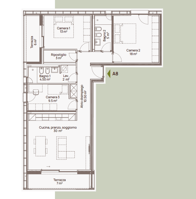 2 bedrooms, 2 bathrooms, living area, kitchen, dining area, balcony