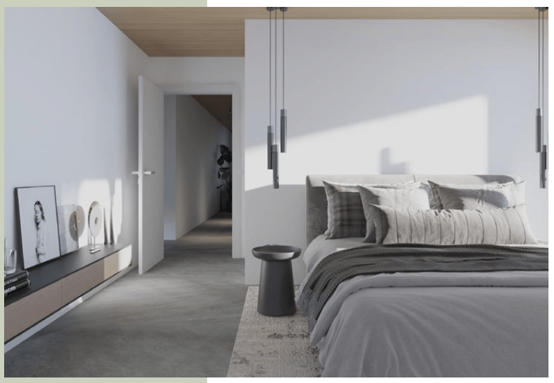 Master bedroom with a double bed, modern decor, gray bedding, bedside stool, minimalist, a gray rug, ceiling lights