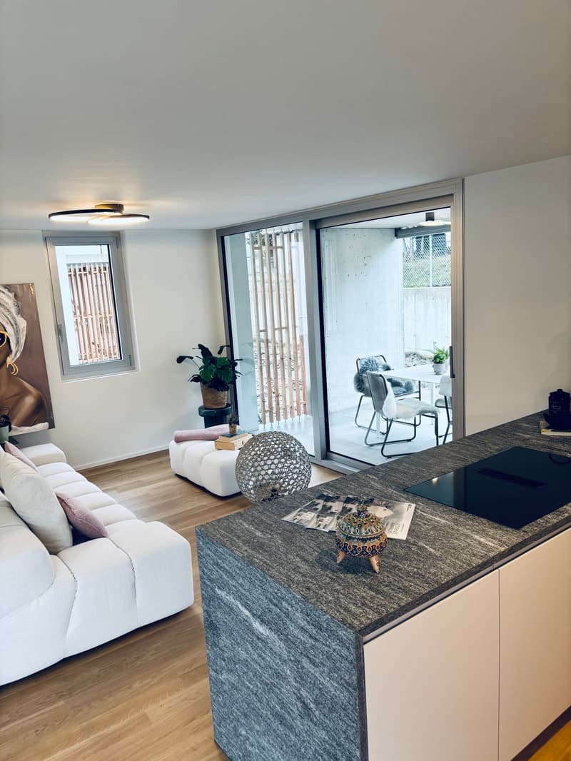 open floor plan, large glass sliding doors to terrace, modern white furniture, large windows