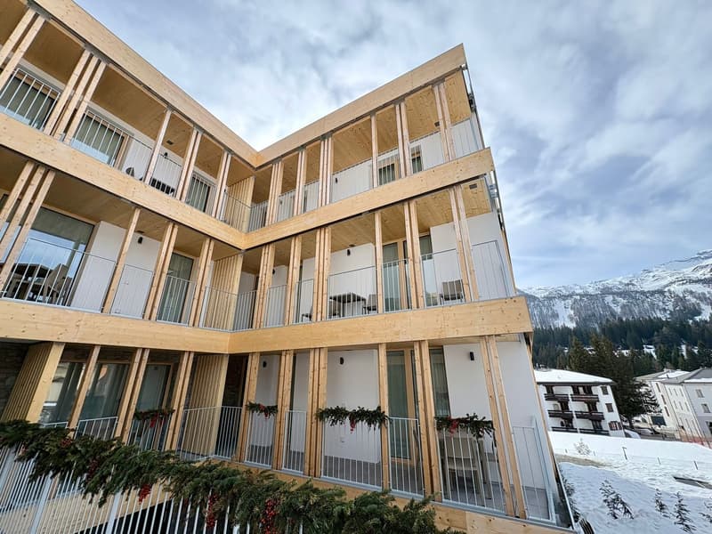 Modern wood and glass structure, multiple levels, numerous balconies, snowy mountains in background
