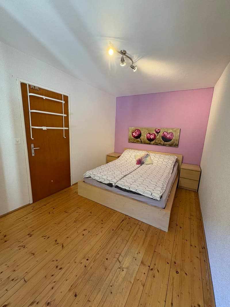 bedroom with wooden floor, double bed, wooden nightstands, pink wall, painting, door with clothes rack