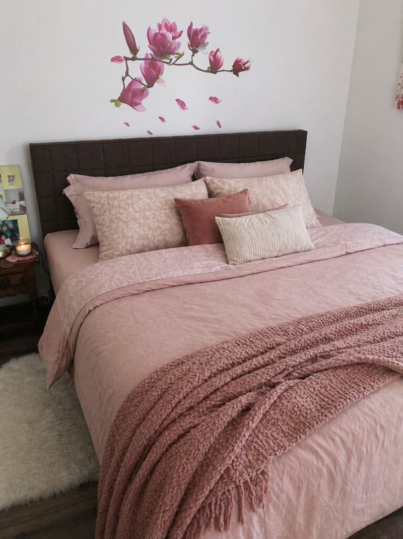 A bed with pink bedding, a pink blanket, and pink pillows. A nightstand with a candle and a picture frame. A white rug on the floor. A wall with a pink flower sticker.