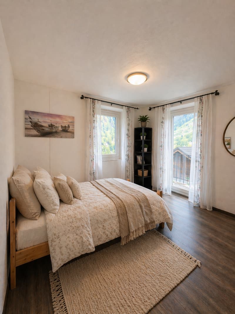Bedroom with bed, pillows, rug, wooden floor, white walls, ceiling light, window with curtains, shelf with plants, painting, mirror