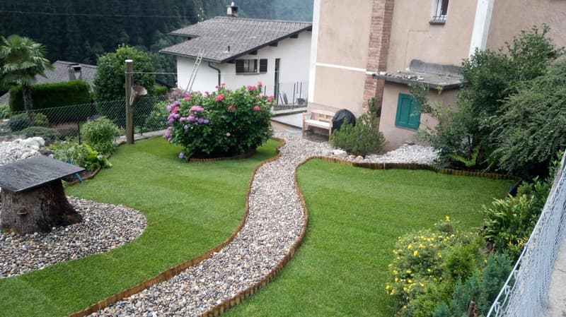 well-maintained garden with gravel path, green lawn, various plants and flowers, wooden bench, and a tree stump