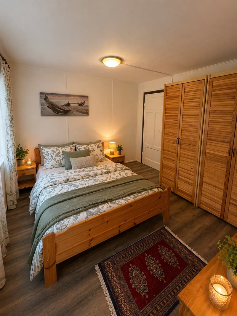 Bedroom with wooden bed, nightstands, rug, wooden wardrobe, ceiling lamp, wall art, potted plants, and a rug.