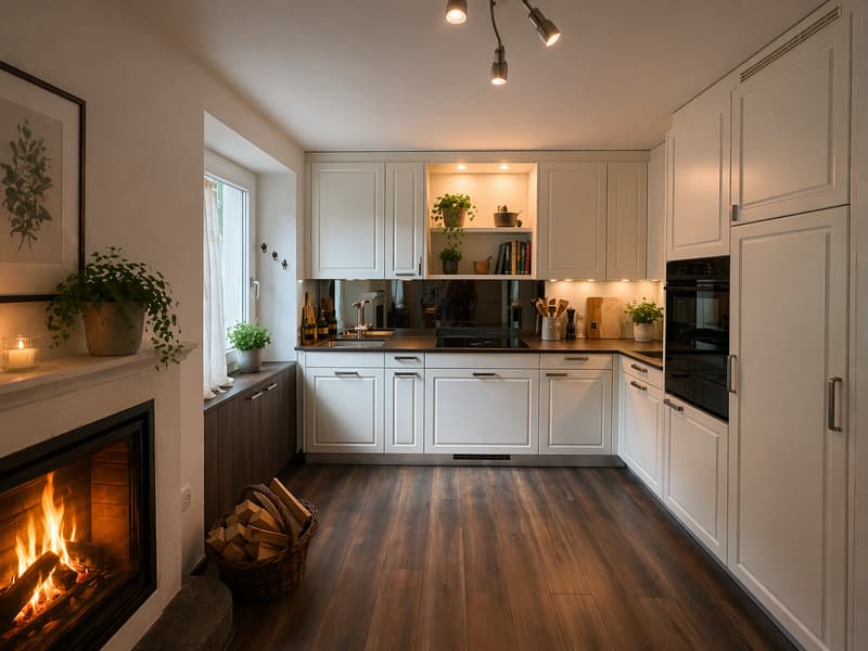 modern kitchen with white cabinets, wooden floor, fireplace, sink, oven, shelves with plants and books, basket with firewood