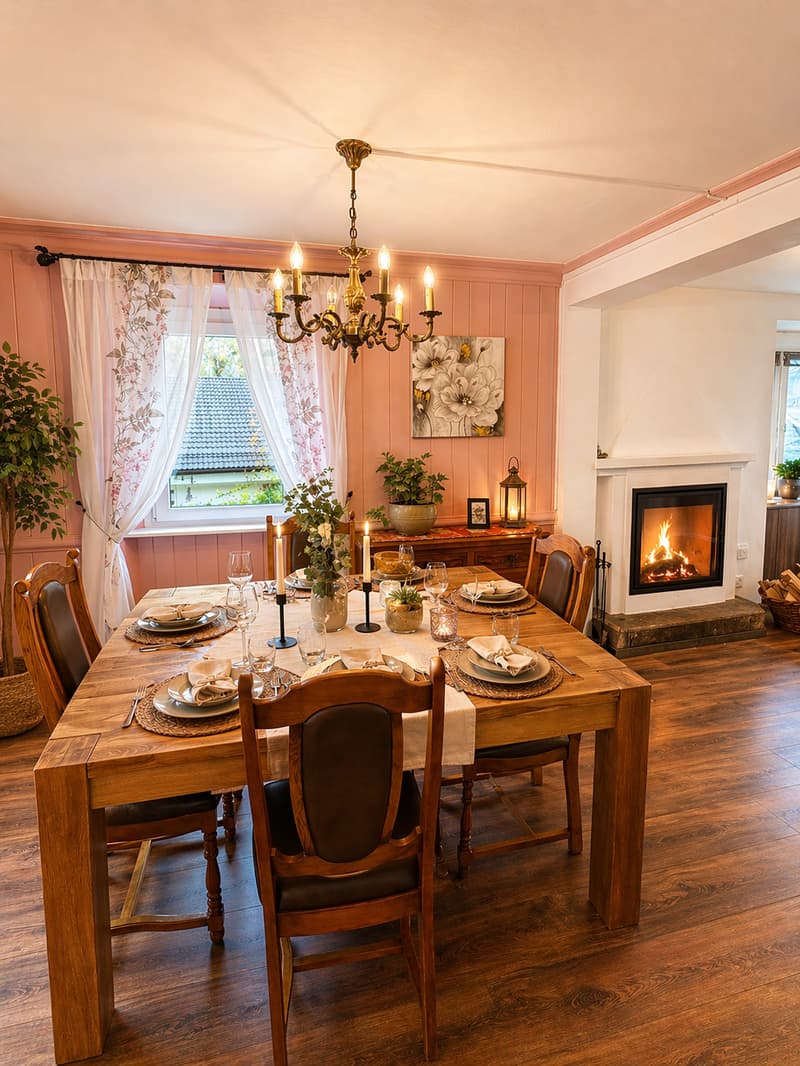 wooden table, wooden chairs, fireplace, chandelier, wooden floor, pink walls, white curtains, potted plants, candles, wine glasses, plates, forks, knives, napkins