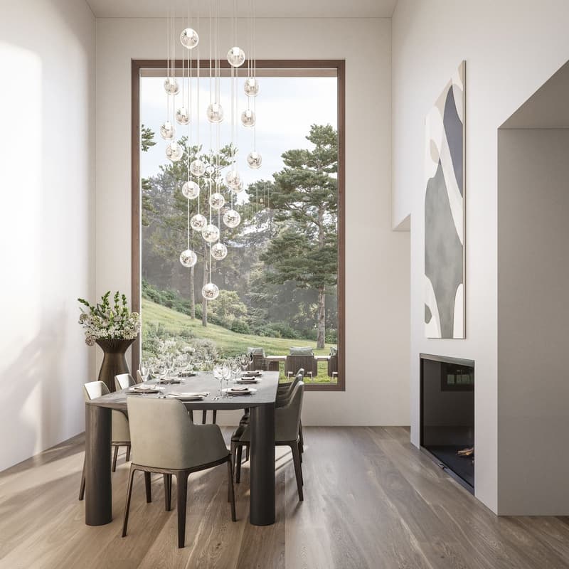 wooden table, six chairs, chandelier, fireplace, view to outside
