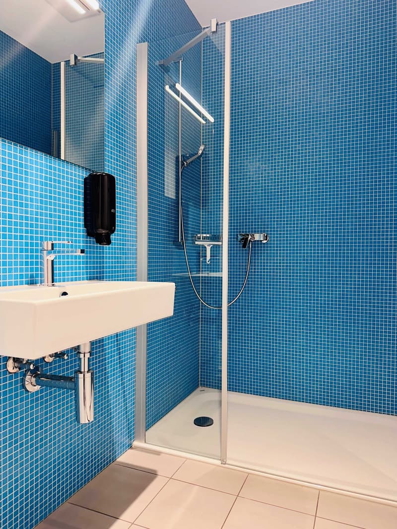 Bathroom with blue tiles, white sink, glass shower enclosure, shower head, soap dispenser, mirror, and tissue holder.