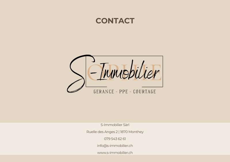 The image shows the contact information for S-Immobilier Sàrl, a real estate company located at Ruelle des Anges 2, 1870 Monthey, Switzerland. The contact details include the phone number 079 543 62 61 and the email address info@as-immobilier.ch, as well