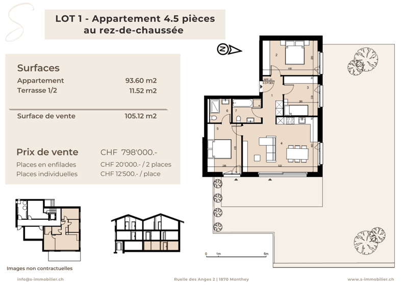 The image shows the floor plan of a 4.5 room apartment located at the ground floor. The apartment has a total surface area of 93.60 m2, including a 11.52 m2 terrace. The floor plan includes a living room, kitchen, 2 bedrooms, 1 bathroom, and a balcony.
