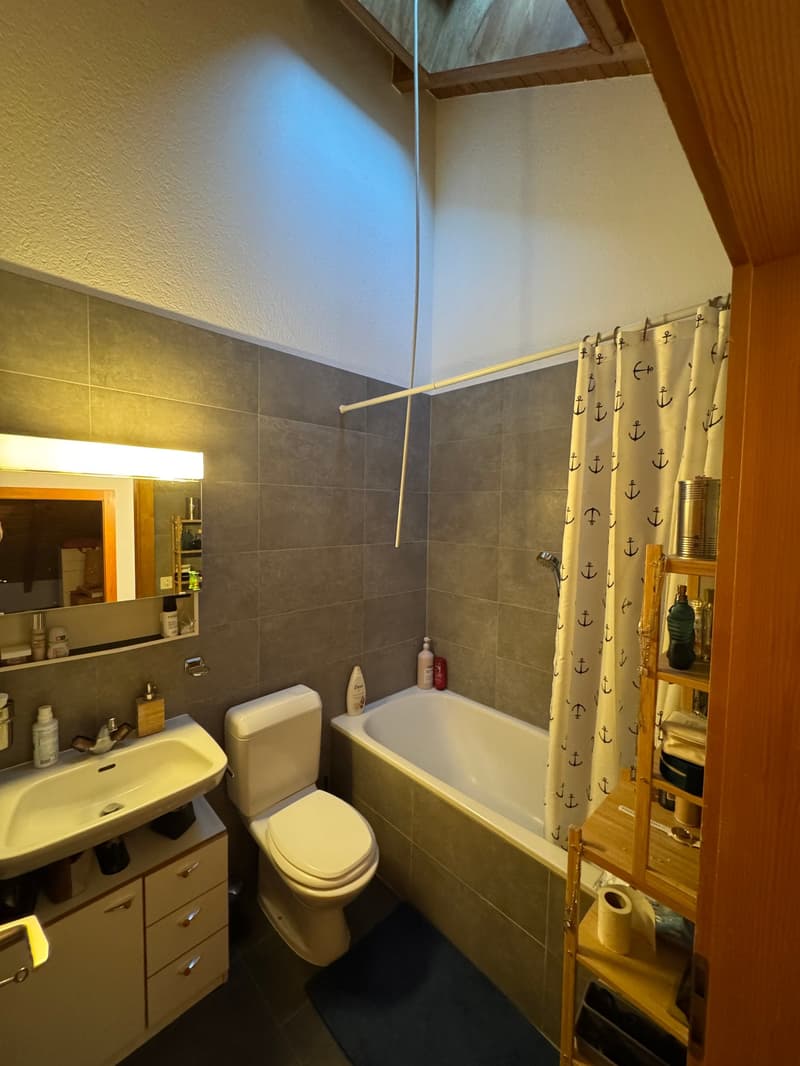 Bathroom with bathtub, toilet, sink, mirror, and shelves