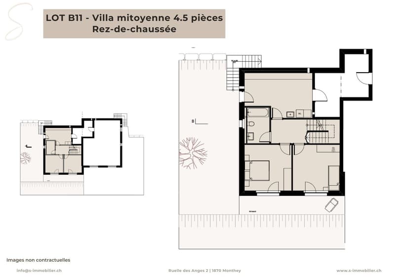 Ground floor: living room, kitchen, bedroom, bathroom, terrace. First floor: 3 bedrooms, bathroom, terrace.