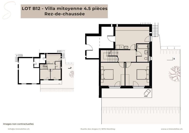 Living room, kitchen, 3 bedrooms, 2 bathrooms, terrace, raised ground floor