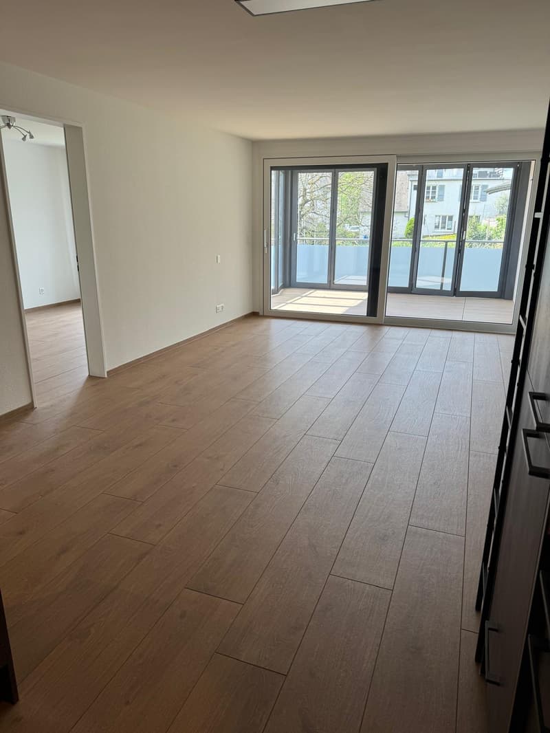 empty room, wooden floor, white walls, sliding glass doors, balcony
