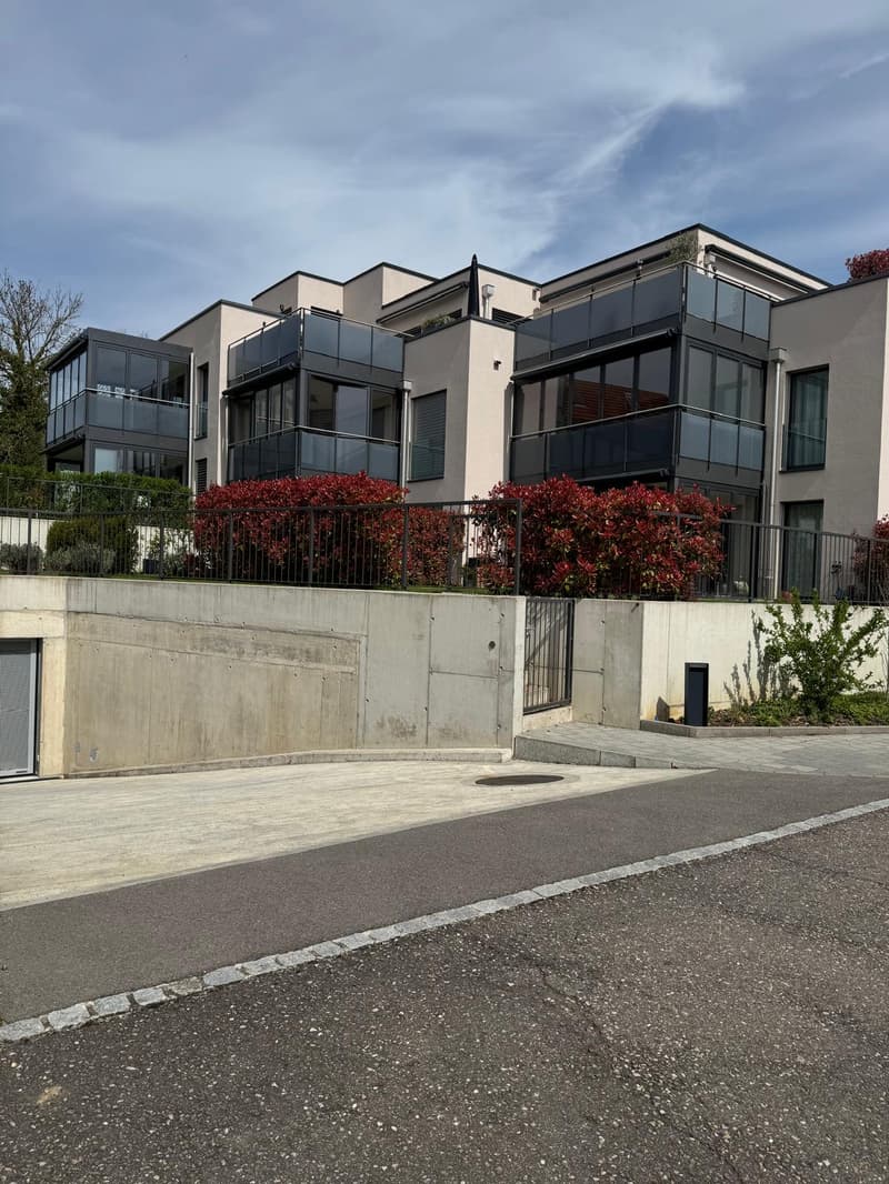 Modern apartment building with glass balconies, concrete wall, black railings, red bushes, and a concrete driveway.