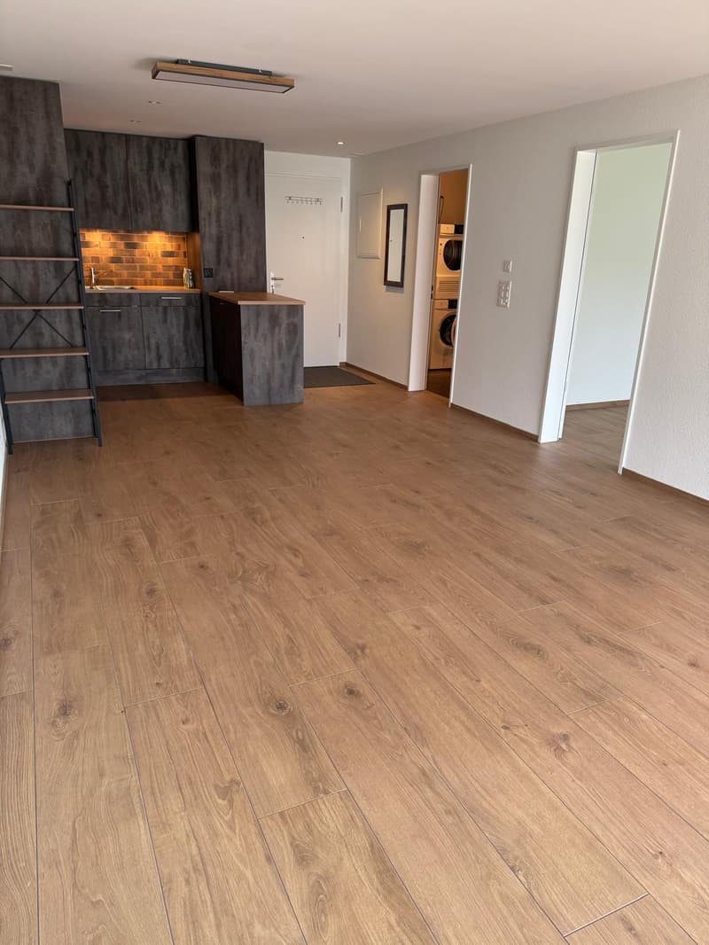 empty room, wooden floor, kitchen with cabinets, sink, stove, refrigerator, washing machine, dishwasher, door, mirror