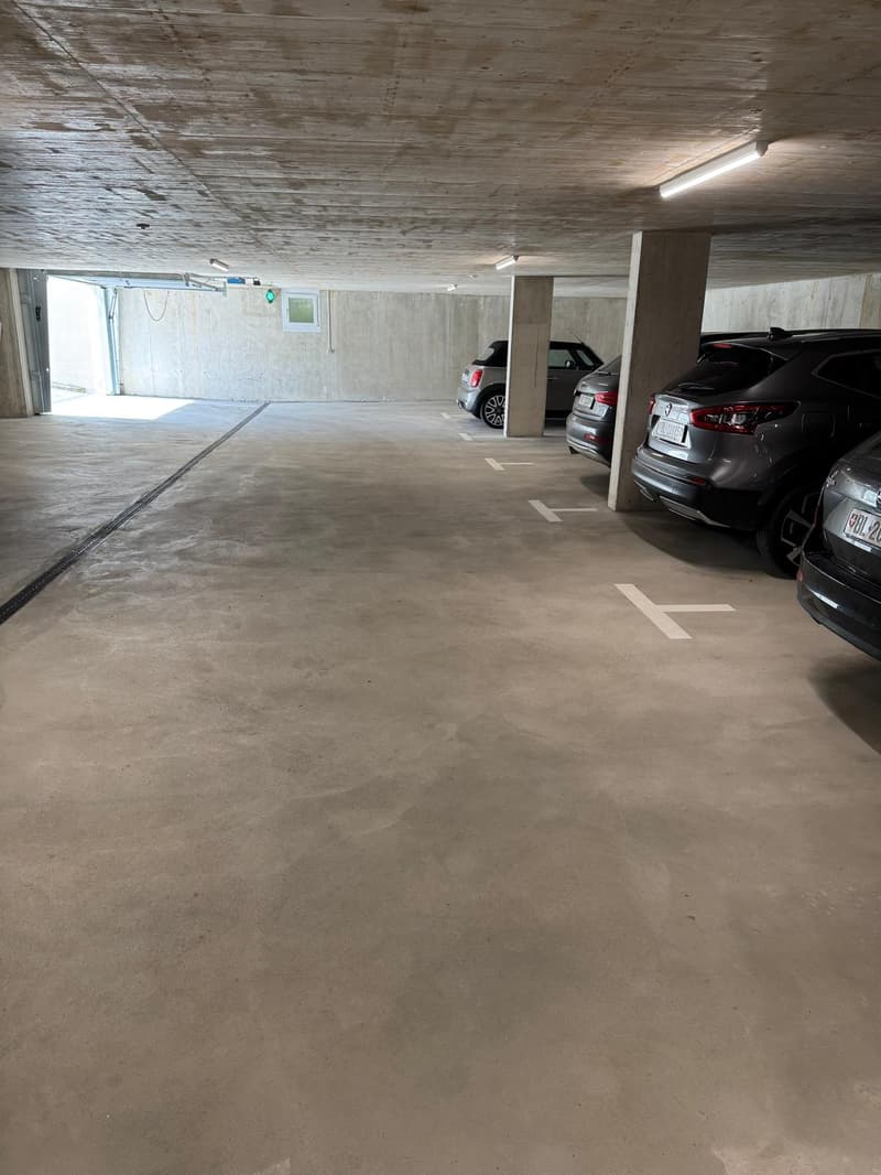 Underground parking lot with concrete floor, white parking lines, and ceiling lights
