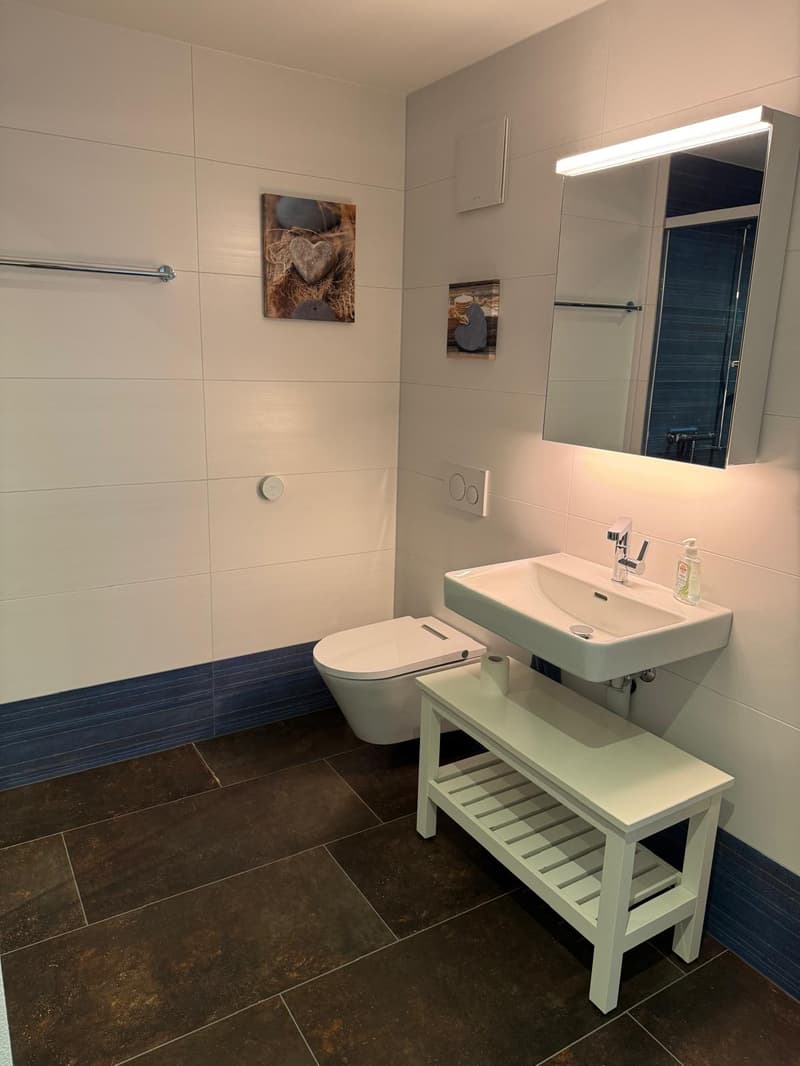 modern bathroom with white tiles, blue border, white toilet, white sink, white bench, mirror, light above mirror