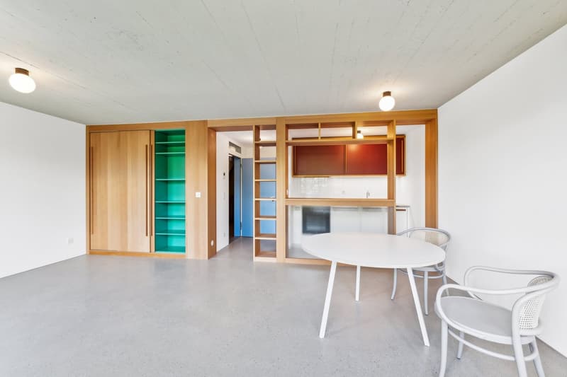 modern design, white walls, wooden shelves, white table and chairs, white ceiling, white floor, white lighting