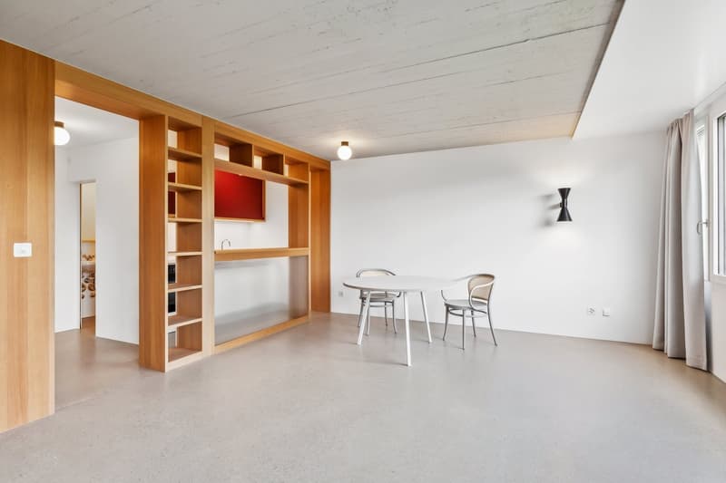 Open-concept studio apartment with wooden shelving unit, white walls, concrete flooring, and a dining table with chairs