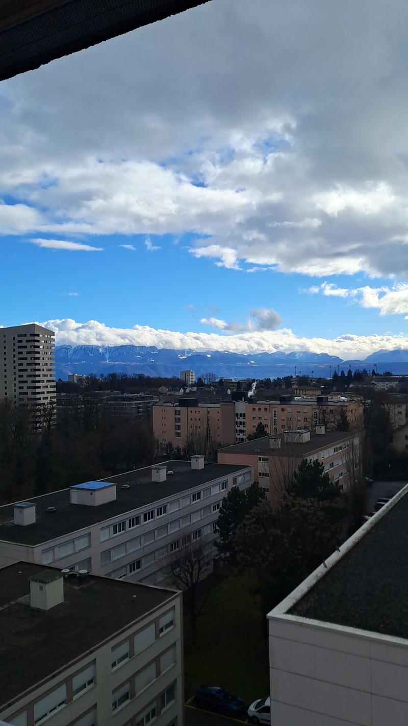 Aerial view of a multi-story building complex surrounded by other buildings, trees, and a distant mountain range.