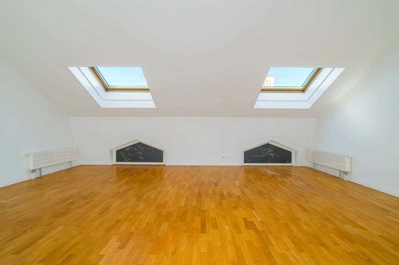 empty room, wooden floor, white walls, two skylights, two radiators