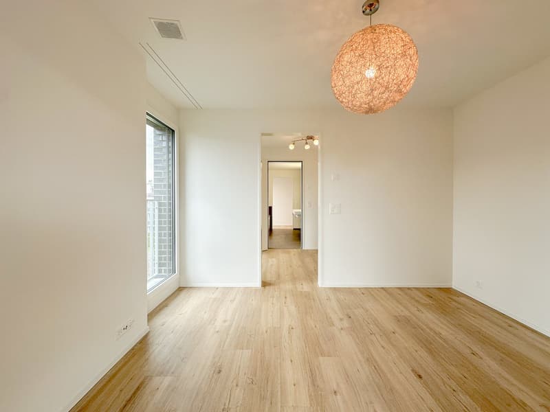 wide room, wooden floor, white walls, big window, chandelier, empty