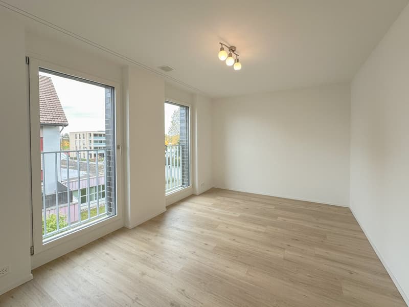 large windows, wooden floor, white walls, glass door, balcony