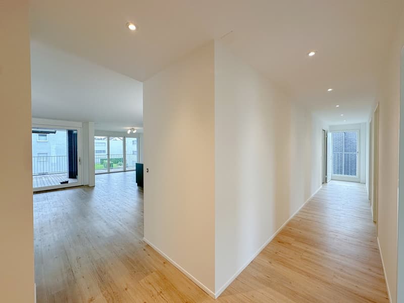 Empty hallway, wooden floor, white walls, ceiling lights, balcony