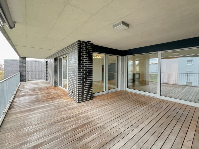 A wooden deck with a view of the neighborhood, metal railing, two large glass windows, ceiling light.