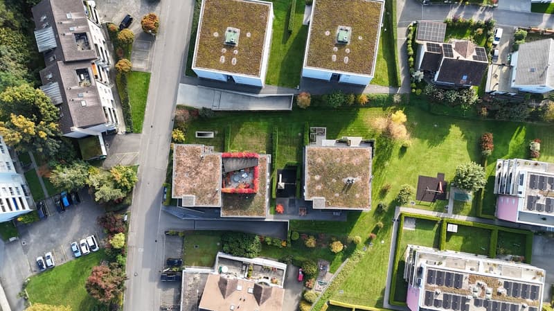 Multiple residential buildings, green roofs, visible garages and parking areas, well-kept green lawns.