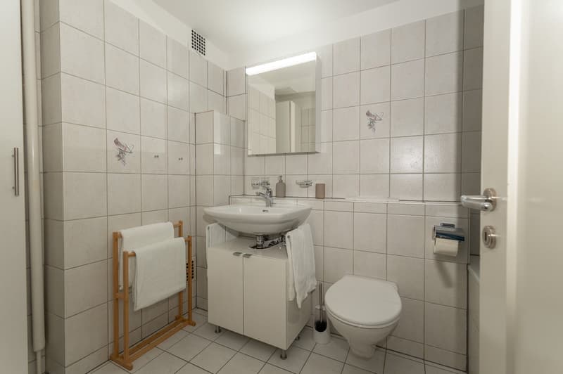 Modern bathroom, white tiled walls, white sink, mirror, white toilet, wooden towel rack