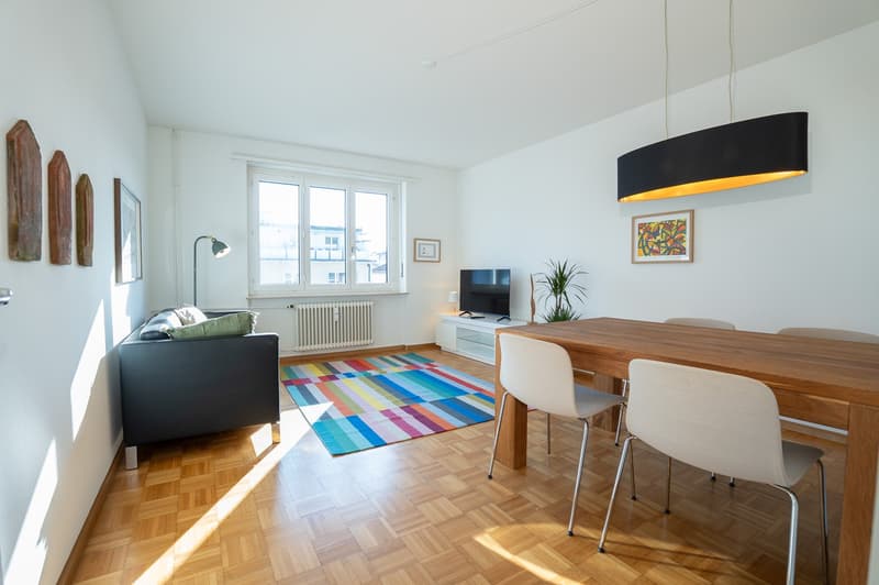 living room with a couch, table, rug, radiator, TV, plant, and lamps