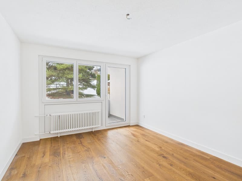 wooden floor, glass sliding doors, large window, white walls, white radiator, balcony