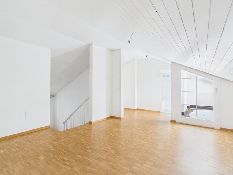 white walls, white ceiling, wooden floor, glass door